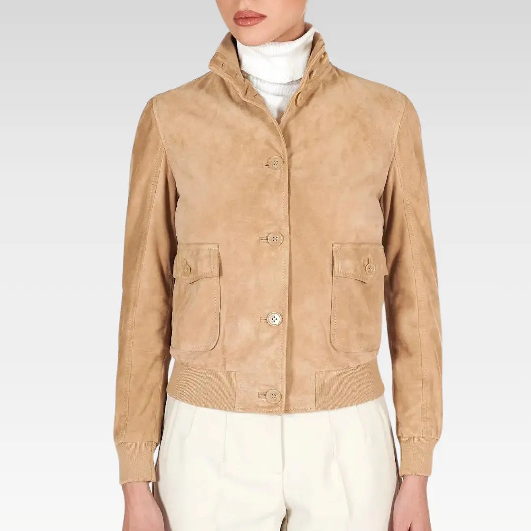 Faty - Suede Leather Bomber Jacket With Buttons - Image 2
