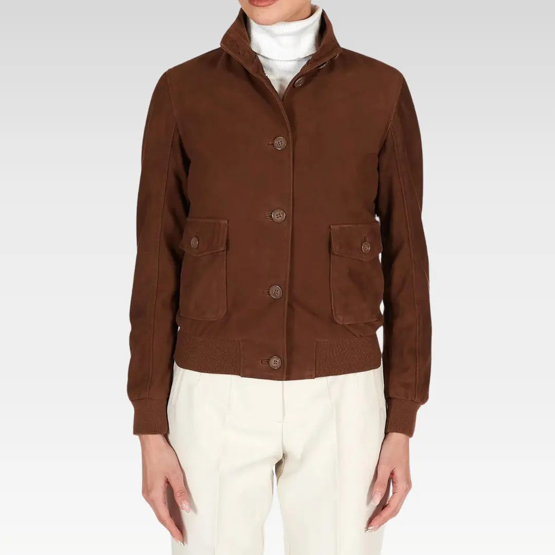 Faty - Suede Leather Bomber Jacket With Buttons - Image 7