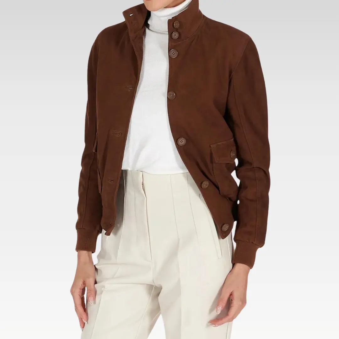 Faty - Suede Leather Bomber Jacket With Buttons - Image 5