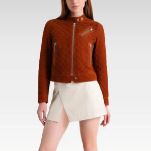 Front view of the Kael Quilted Sheepskin Suede Leather Jacket showing the quilted texture, zip closure, and fitted silhouette.