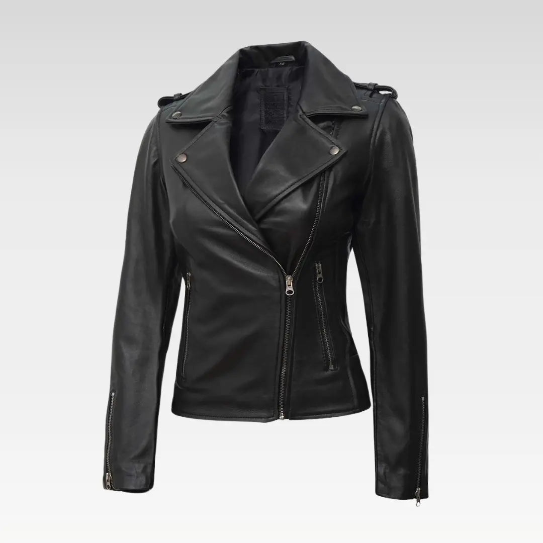 Kirsten Womens Black Asymmetrical Leather Biker Jacket - Image 2