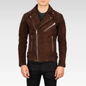 ront angled view of the Legacy Armand Mocha Suede Biker Jacket, showcasing adjustable waist straps, accordion panels, and classic biker styling.