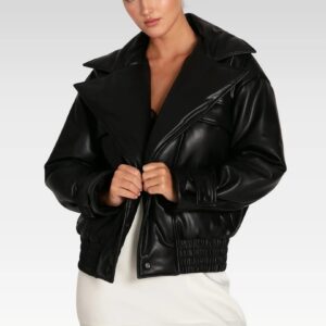 Model zipping up the Love Drunk Leather Bomber Jacket showcasing the adjustable cuffs and premium leather texture.