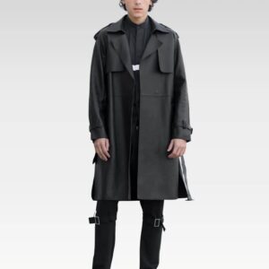 Full front view of Matrix-style black lambskin leather trench coat with open front, button details, and timeless tailoring.
