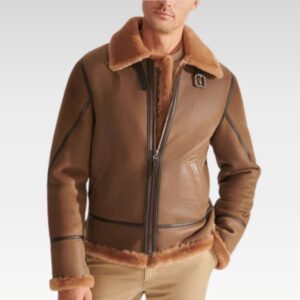 Men Camel Brown B3 Shearling Pilot Aviator Leather Jacket