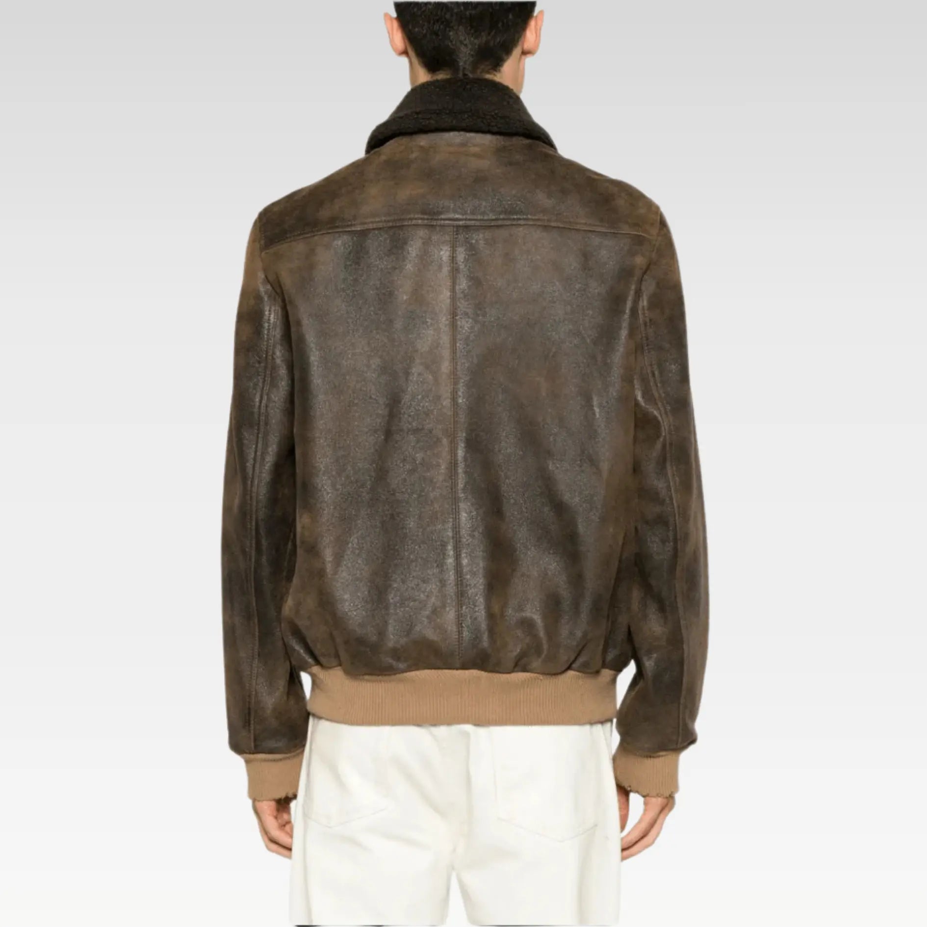 Men's Vintage Shearling Bomber Leather Jacket In Dark Brown - Image 4