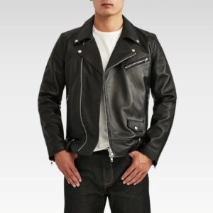 Front view of the Men’s Classic Black Biker Leather Jacket featuring asymmetrical YKK zip, sharp lapel collar, and chest pocket.