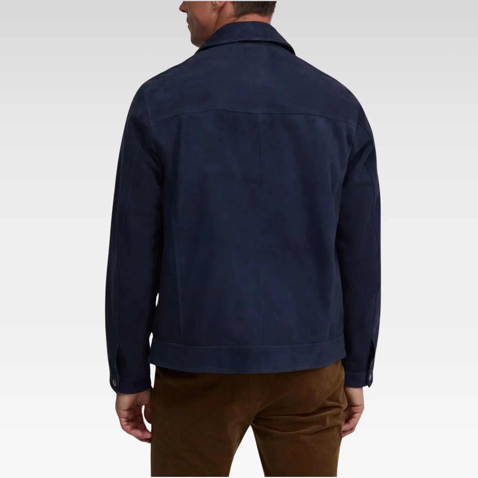 Back view of a navy blue trucker suede jacket crafted from genuine leather, featuring a soft suede finish, regular fit, and functional pockets, perfect for layering.