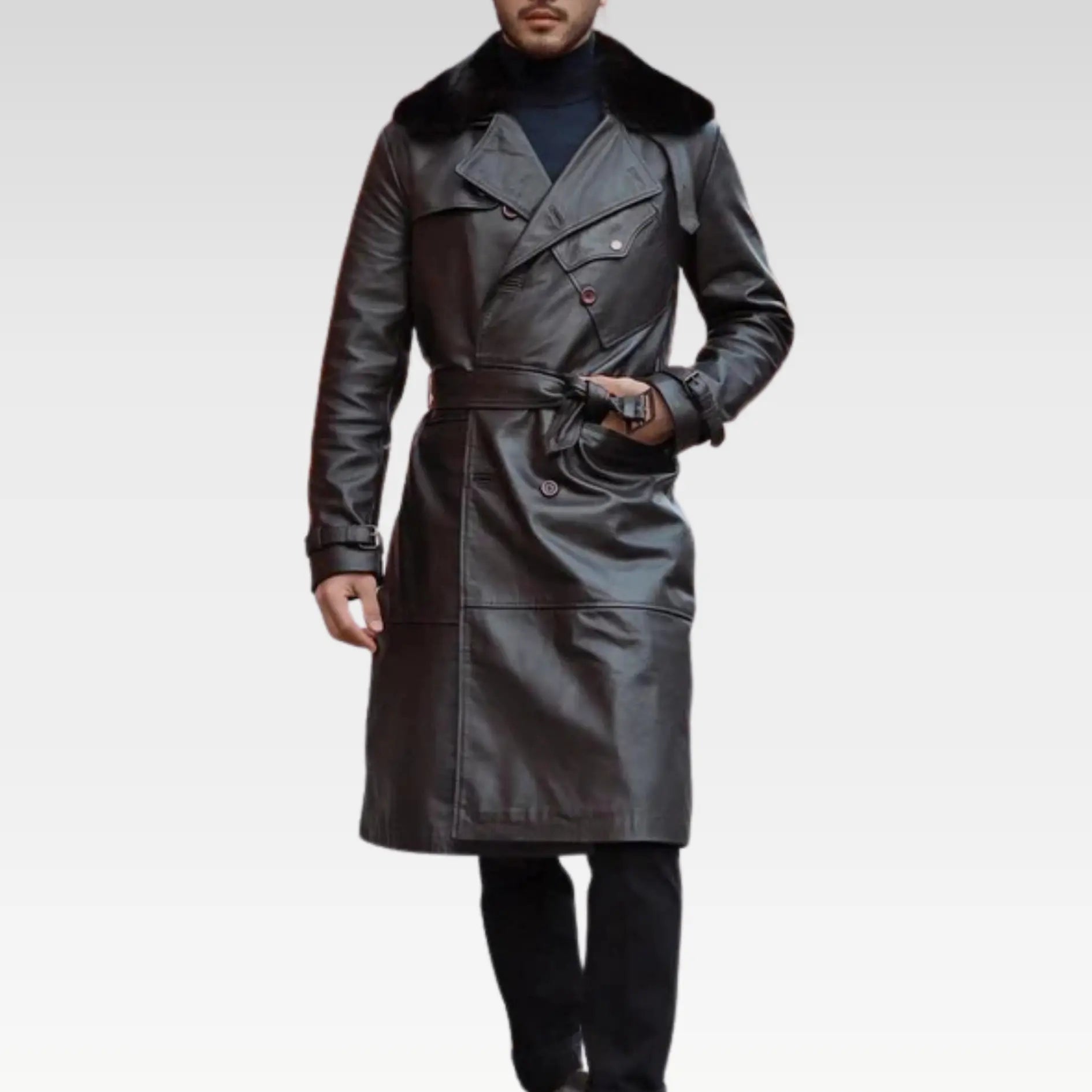 Mens Aviator World War Brown Double Breasted Genuine Leather Trench Coat - Image 3