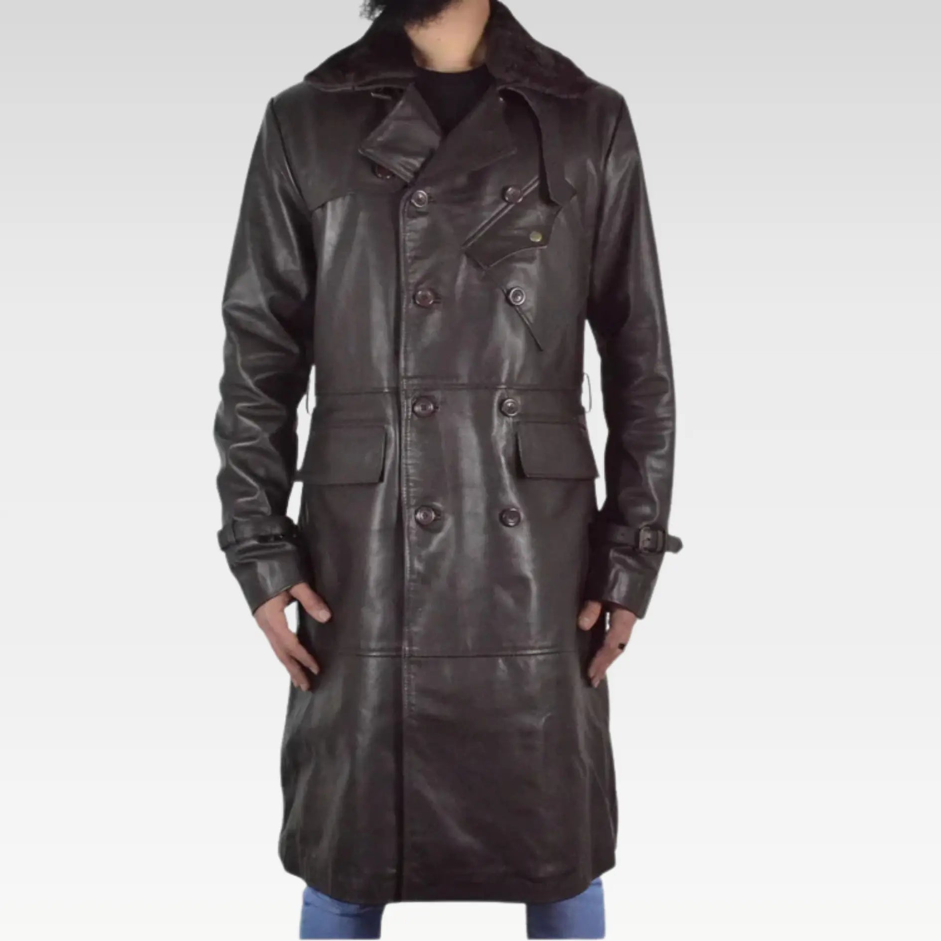 Mens Aviator World War Brown Double Breasted Genuine Leather Trench Coat - Image 4