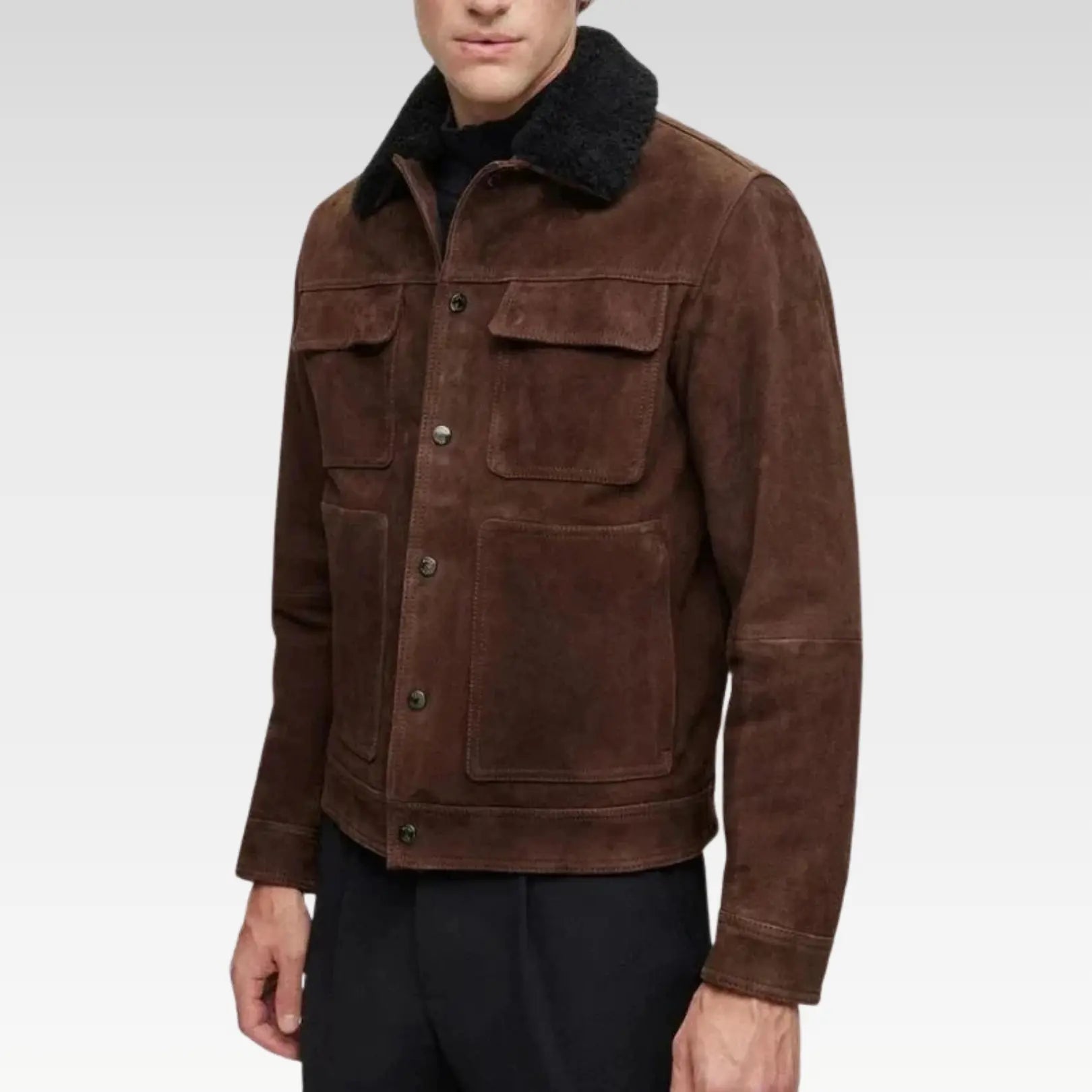 Mens classic shirt-style suede jacket in dark brown, crafted from genuine goat suede with a fur collar, offering a refined and rugged look ideal for all-season wear