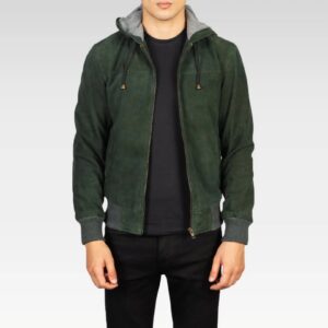 Front view of the Nintenzo green hooded suede bomber jacket, featuring a full-zip closure, two outer pockets, and a stylish fleece-lined design for warmth and comfort.