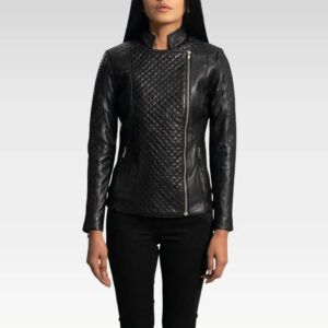 Cropped front view of the Orient Grain Quilted Black Leather Biker Jacket emphasizing collar and upper chest detailing