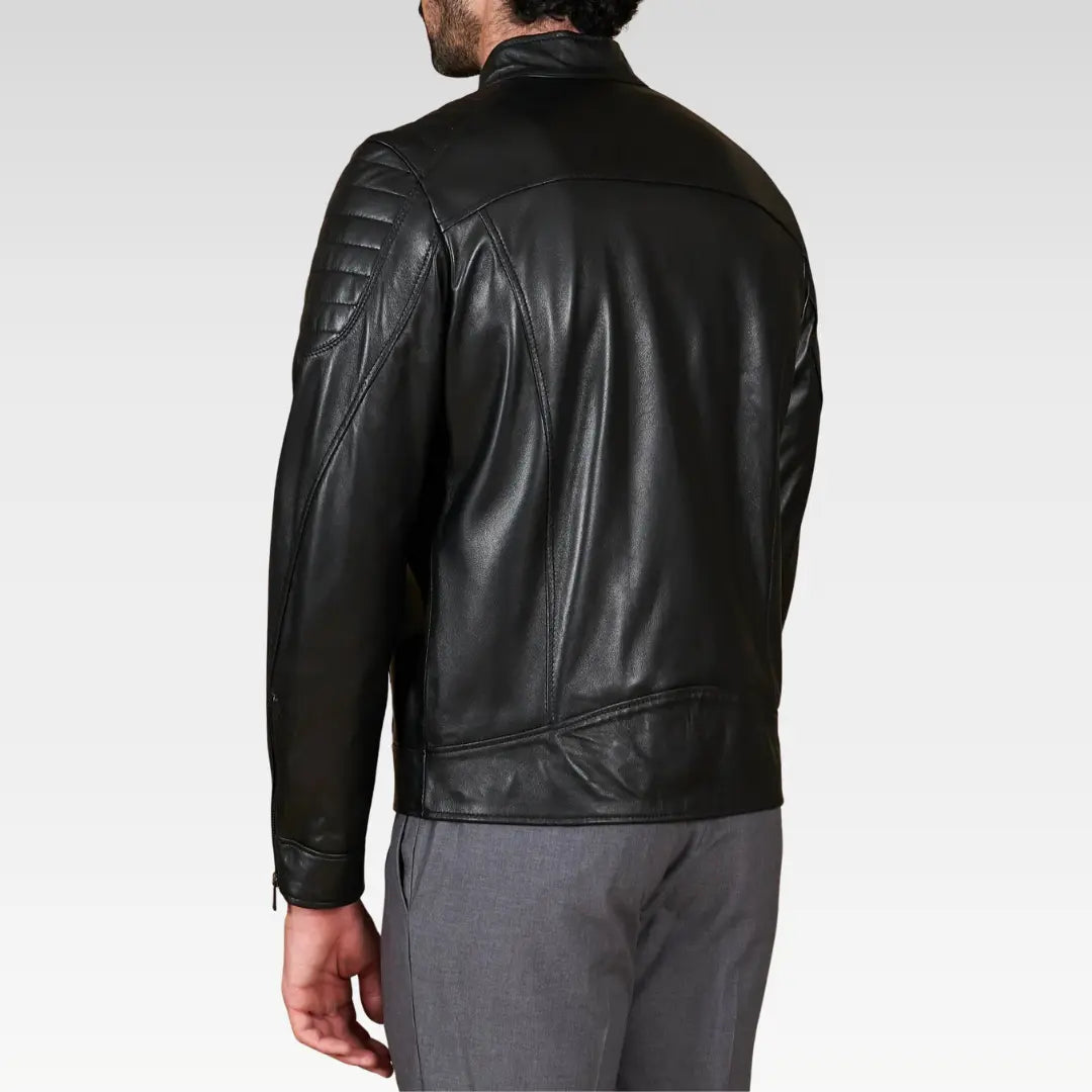 Back view of the Oryn Black Quilted Lamb Leather Bomber Jacket showing sleek design and smooth full-grain lamb leather finish.