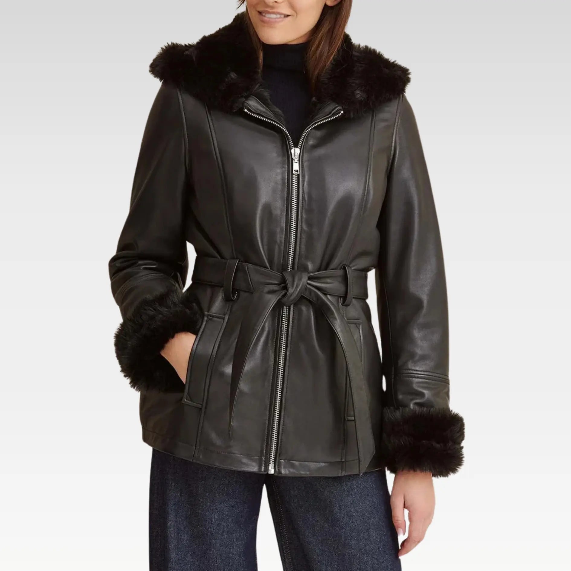 Premium Black Faux Fur Hooded Belted Leather Jacket - Image 4