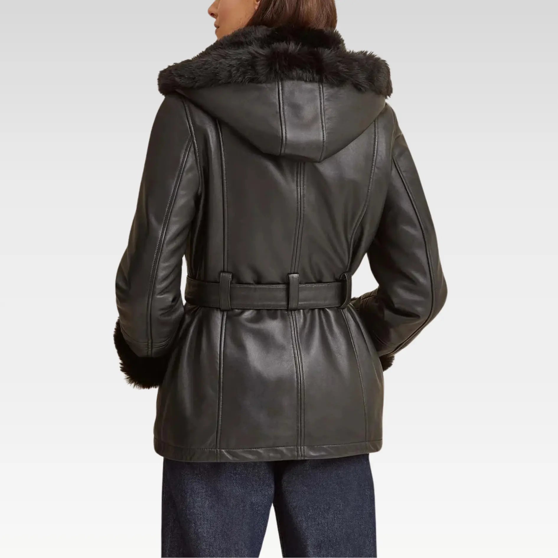 Premium Black Faux Fur Hooded Belted Leather Jacket - Image 7