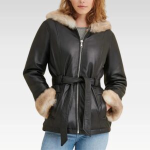 Premium Black Faux Fur Hooded Belted Leather Jacket