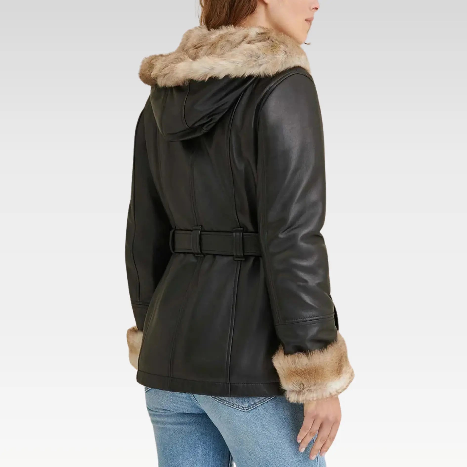 Premium Black Faux Fur Hooded Belted Leather Jacket - Image 3