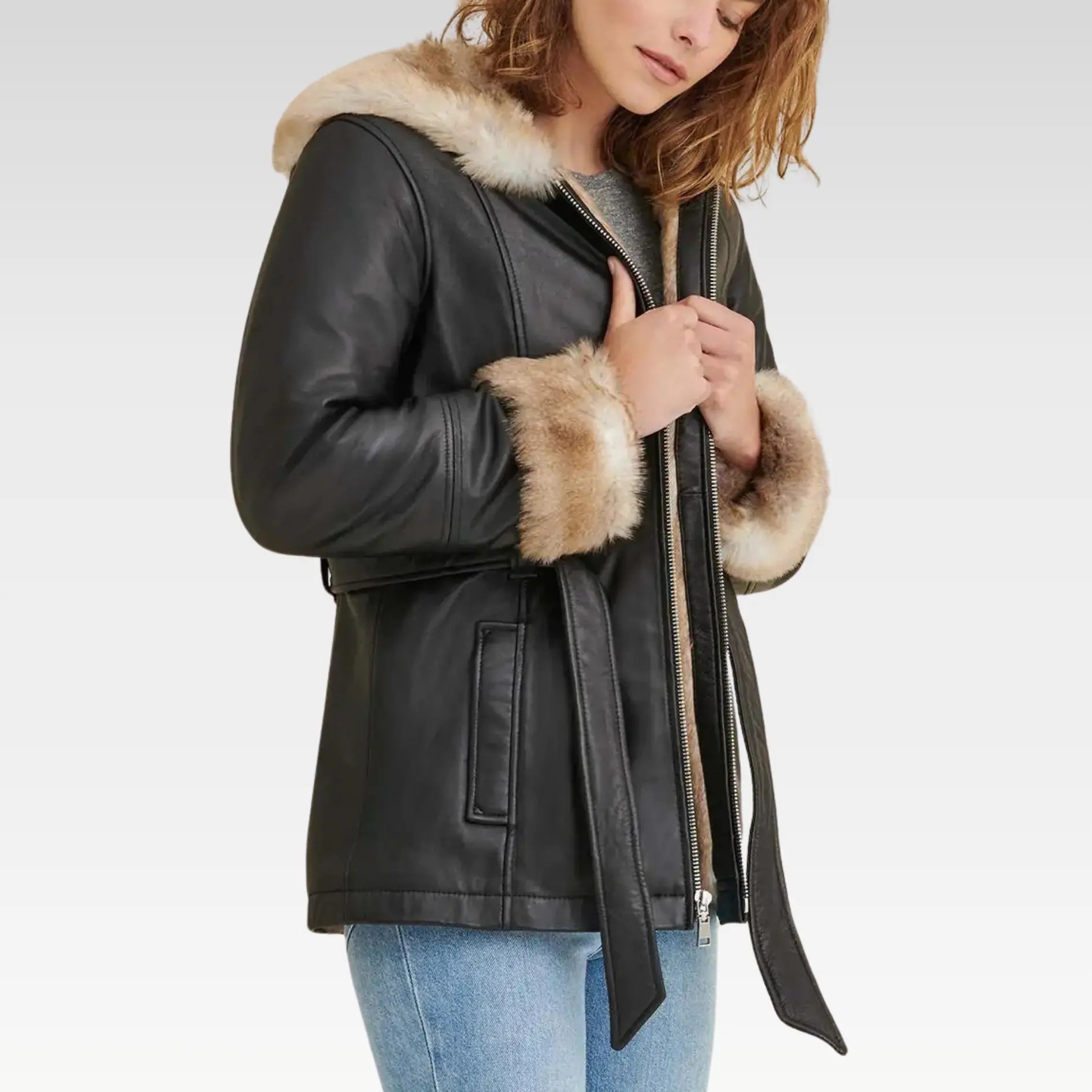 Premium Black Faux Fur Hooded Belted Leather Jacket - Image 2