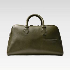 Studio shot of the Sable duffle bag in green, featuring full-grain leather, black-nickel hardware, and travel-ready design.