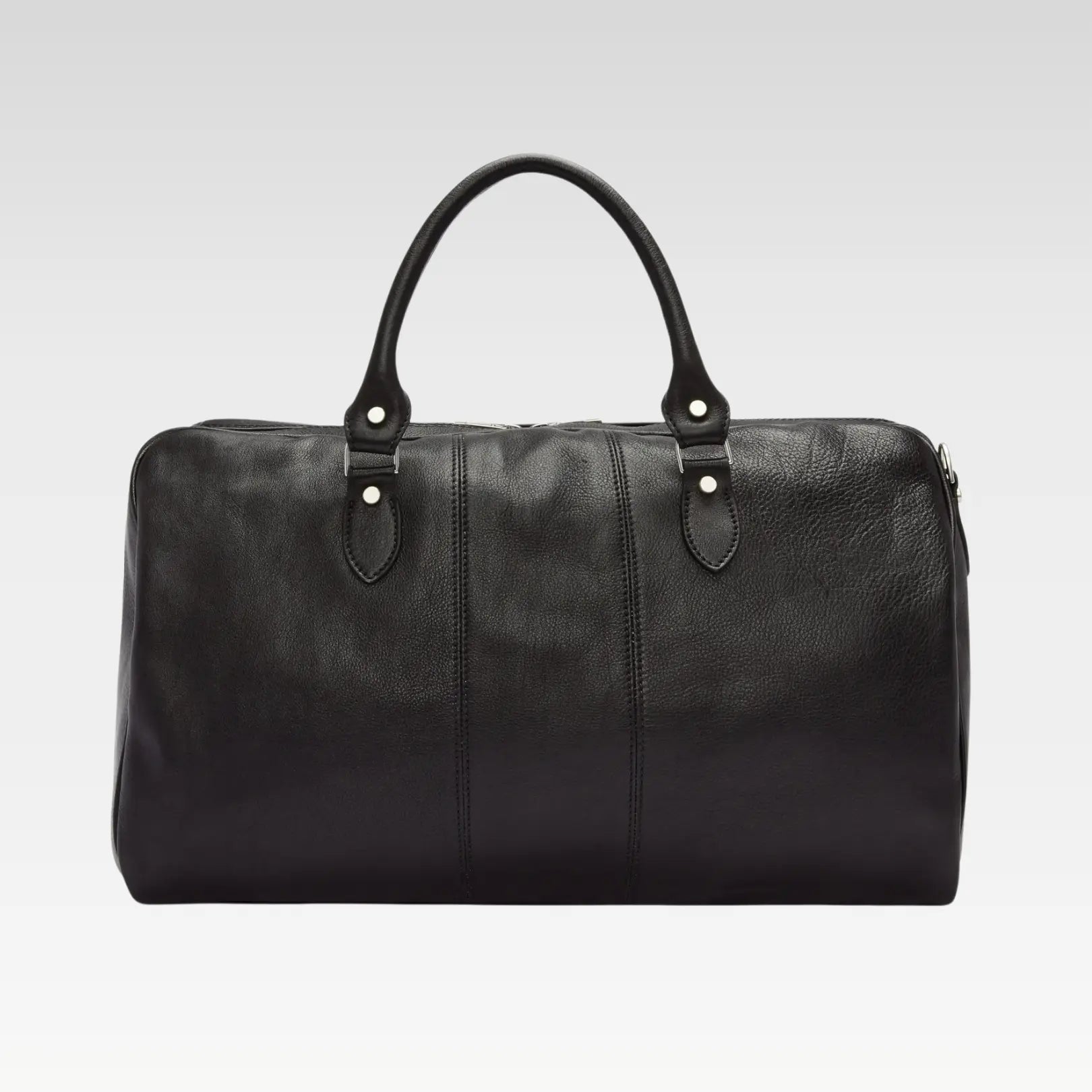 Full product view of the Saddler Black duffle bag, featuring its sleek silhouette, sturdy handles, and luxe full-grain leather finish.