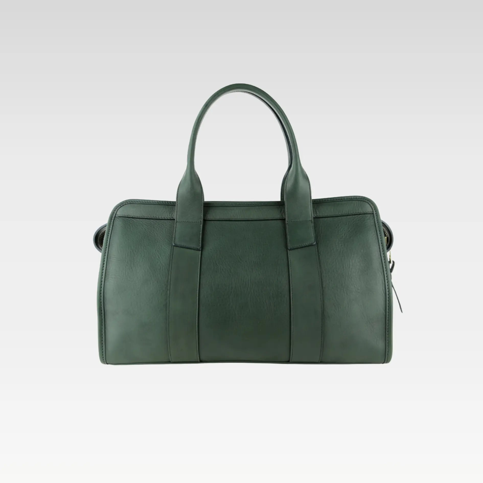 Front view of the Signature Weekender Leather Duffle in Green, showcasing rolled handles and solid brass hardware, ideal for stylish travel.