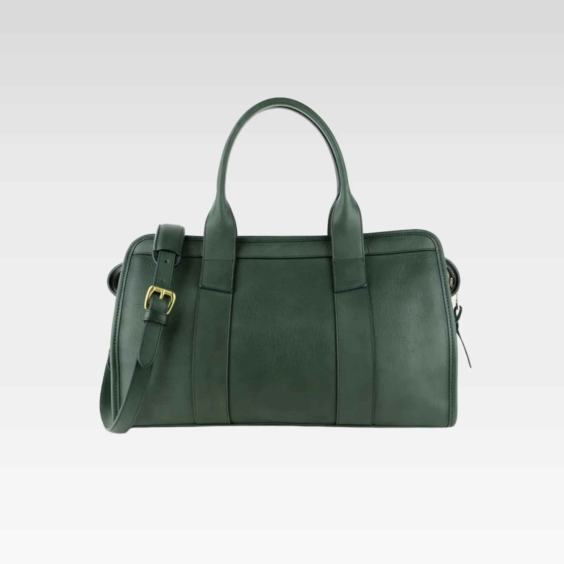 Side angle of the Green Signature Weekender Leather Duffle highlighting smooth leather craftsmanship, durable construction, and solid zipper.