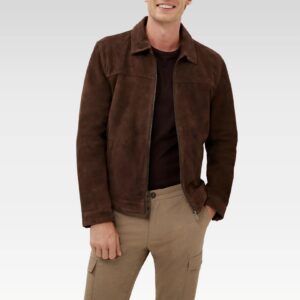 Front view of Suede Kael Leather Jacket made from 100% premium suede goat leather, featuring Harrington collar, zip closure, and angled welt pockets.