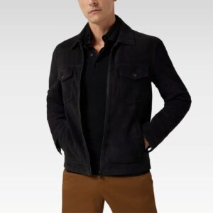 Front view of a black suede zip-through trucker jacket with snap pockets and a classic fit, styled with brown chinos.