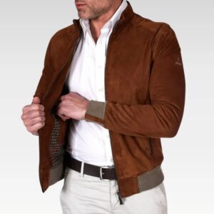 Tan suede lamb leather bomber jacket korean collar