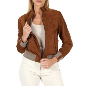 Tan suede leather bomber jacket