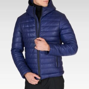 Folded Teo Blue Hooded Lamb Leather Puffer Jacket showing smooth full-grain leather and compact design for travel and easy storage.