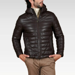 Front view of the Teo brown hooded lamb leather puffer jacket fully zipped, emphasizing clean lines and structured design