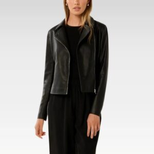 Back view of black vegan leather biker jacket showing sophisticated pintucked detailing and fully lined interior design