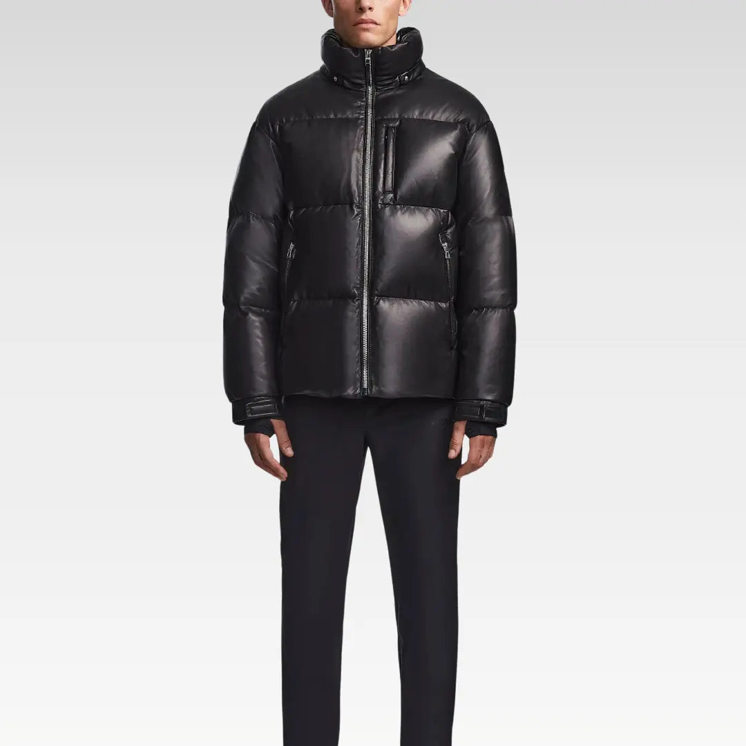 Front view of the Vincent Men’s Cloud Down Leather Puffer Jacket highlighting its sleek, modern fit and premium leather finish.