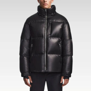 Close-up of the front of the Vincent Men’s Cloud Down Leather Puffer Jacket, focusing on its tonal stitching, smooth leather finish, and high collar design.