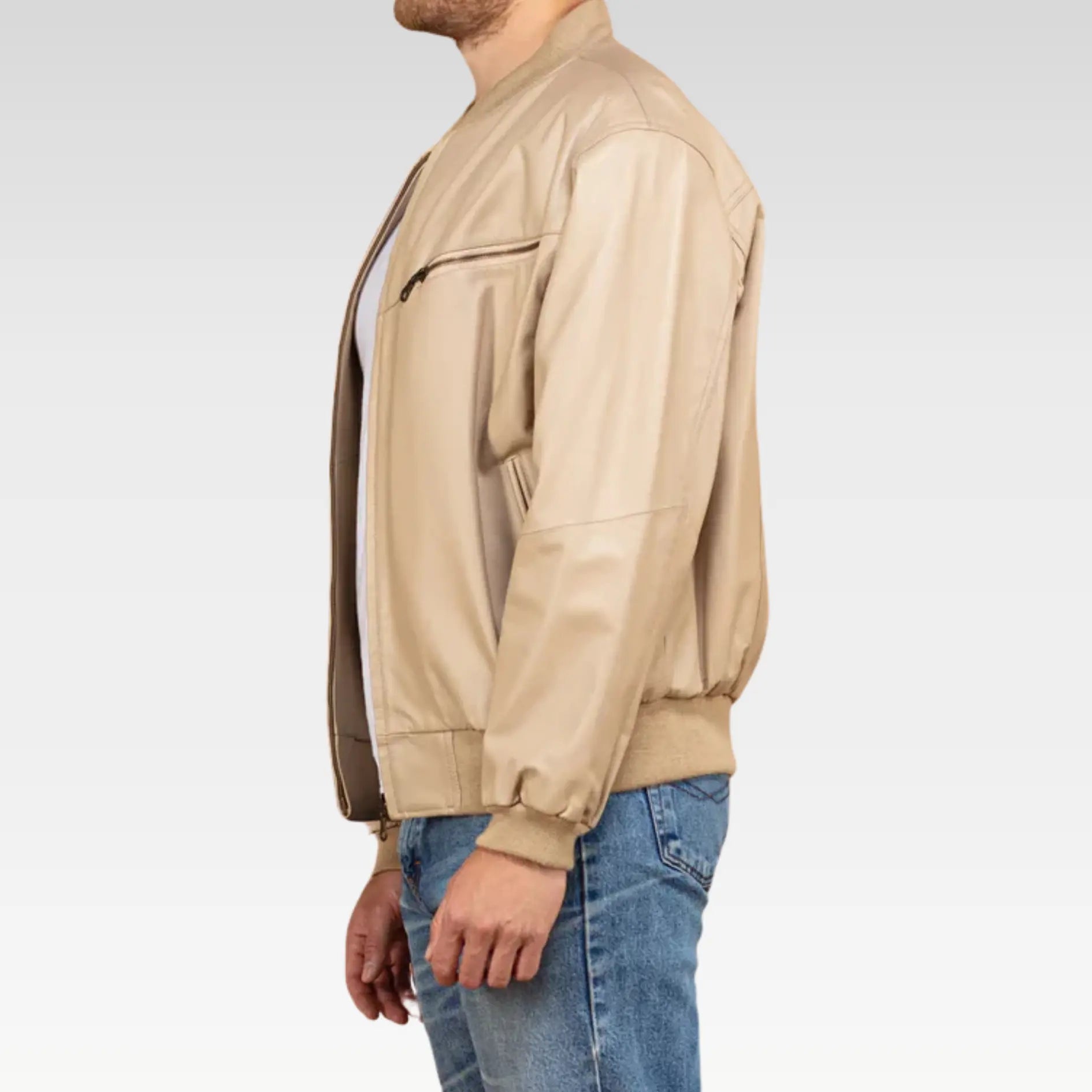 Vintage 90's Men Leather Bomber Jacket in Beige - Image 3