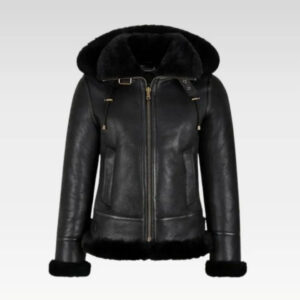 WOMENS B3 BOMBER HOODED CLASSIC BLACK SHEARLING JACKET