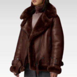 Women Brown Aviator Styled Sheepskin Shearling Leather Jacket