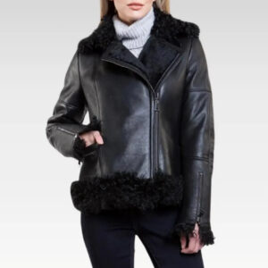 Women’s Black Leather Black Shearling Big Collared Jacket