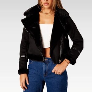 Women's black aviator leather jacket with premium leather and cozy faux fur lining, slim-fit front view, ideal for stylish and comfortable wear with jeans or dresses.