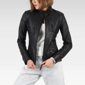 Model wearing a women's black leather bomber jacket showcasing the sleek front design with zipper closure and slim fit.