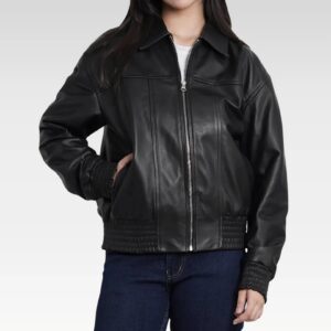 Front view of a women's black oversized leather bomber jacket made from real lambskin leather with ribbed cuffs and hem.
