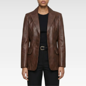 Front view of tailored cognac leather blazer with two-button closure and structured fit