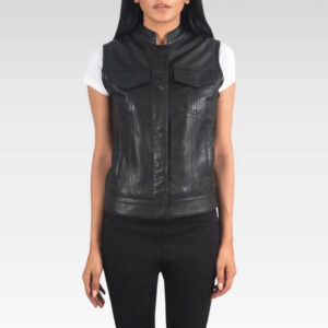 Front view of zipped women's black leather biker vest featuring structured design and sleek finish.