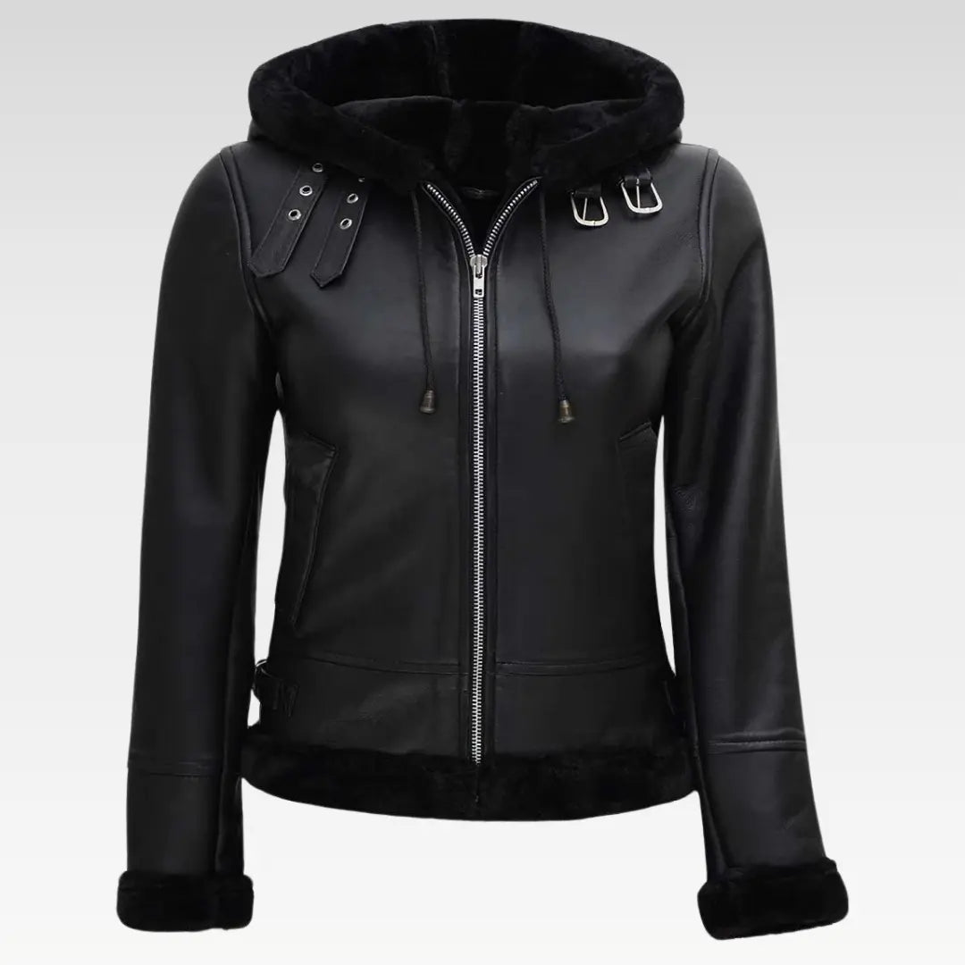 Womens Black Leather Hooded Shearling Jacket - Image 2