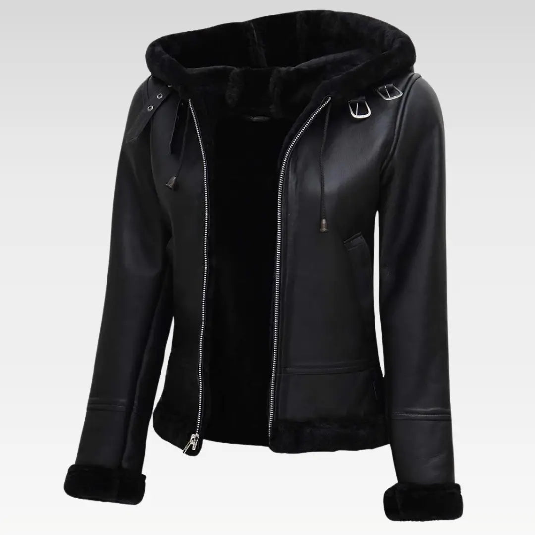Womens Black Leather Hooded Shearling Jacket - Image 3