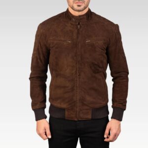 Full body view of Zenith Mocha Suede Bomber Jacket styled casually, highlighting luxurious goatskin suede, versatile smart-casual design, and tailored bomber jacket fit.