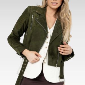 Full pose of the Zora olive green suede biker leather jacket, displaying its versatile styling with a quilted viscose lining and chic design.