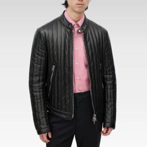 Open front view of the Lunet black quilted leather bomber jacket paired with a shirt, showcasing its timeless bomber silhouette and luxury finish.